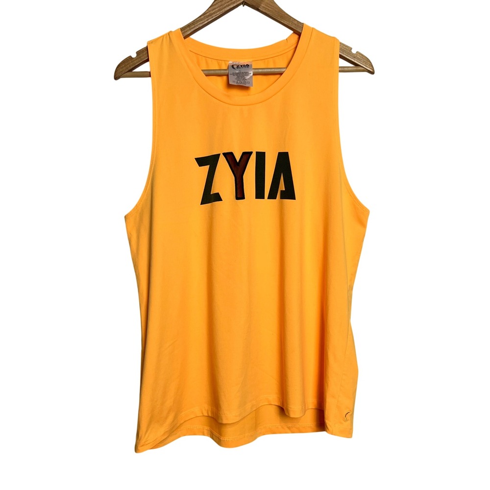 Zyia Active‎ Womens Orange Graphic Muscle Tank Top Mesh Logo Size Large
